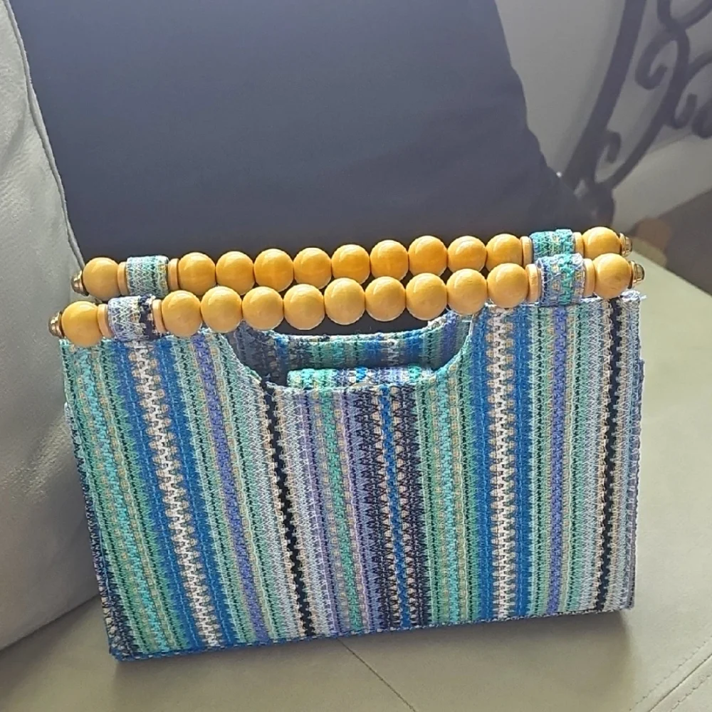 Striped Turquoise Blue and Green Handbag with Wooden Handles